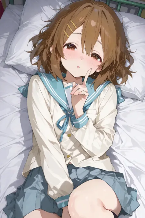 hirasawa_yui, 1girl, lay down in the bed, school uniform, shy, sweet, anime screencap, anime art, score_8_up, score_9_up, cute, Rough sketch of an anime girl, high angle, expressive eyes, long flowing hair, wearing a school uniform (sailor collar), dynamic...