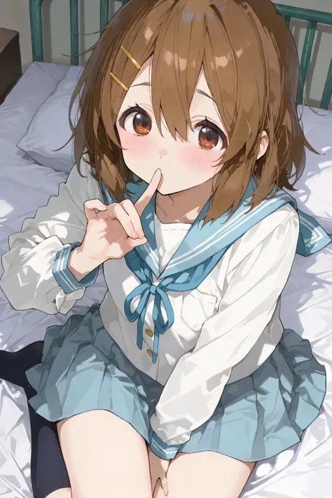 hirasawa_yui, 1girl, lay down in the bed, school uniform, shy, sweet, anime screencap, anime art, score_8_up, score_9_up, cute, Rough sketch of an anime girl, high angle, expressive eyes, long flowing hair, wearing a school uniform (sailor collar), dynamic...
