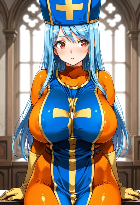 priest \(dq3\), 1girl, solo, long hair, blue hair, red eyes, mitre, tabard, cross print, orange bodysuit, elbow gloves, large breasts,Naked,8k,beautiful,best quality,detailed,exquisite,extremely detailedfinely detailed,high quality,insanely detailed,master...