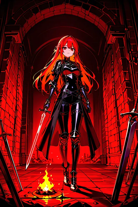 deep in the dungeon in a supine position、is young、torchlight。She's in her early 20s 、has a thin yet well-trained body、The inside of the dungeon is、a beautiful oriental-style female adventurer。where puddles of water are visible on the stone floor、She falls、...