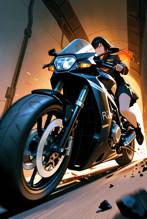 Fierce Woman、Wearing military equipment、 hiding while wearing a skirt、 run at full speed on a black motorcycle, the light of fire reflecting off the tunnel wall. Behind her, run at full speed, Sleep in front、 run at full speed. Has a handgun in one hand ...