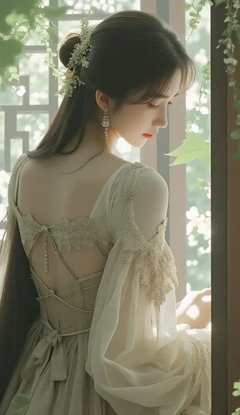 A painting or digital artwork combining elements of photography and painting. A woman dressed in elegance, Retro style dress,with exquisite lace details and off-the-shoulder sleeves. She sat by the window, surrounded by lush greenery and blossoming flowers...