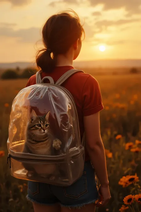 A beautiful young woman has a partially see-through, clear plastic bubble backpack with ventilation holes and a cat inside. She watches the sun go down as the cat sits comfortably inside watching us. Ultra-realistic, Photorealistic, physically-based render...