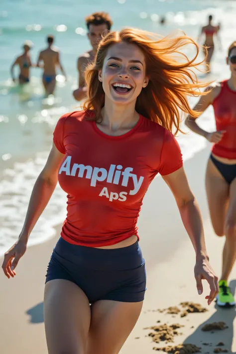 Transparent, pokies, nipples, giant breasts, drone shot, from above perspective, birds eye perspective, 28 mm, whole body, UHD, masterpiece, textured skin, Photo realistic scene of redhaired  supermodel with D Cups, pointy nipple pokies, she is erotic and ...