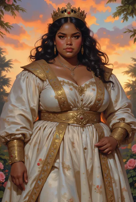 fat big large overweight heavy feminine beautiful young woman with chubby face dark brown tan tanned skin color and black eyes, (((long black curly side-parted hair))), (((black hair))), (((brown skin))), (((brown-skinned))), (((dark brown skin))), (((brow...