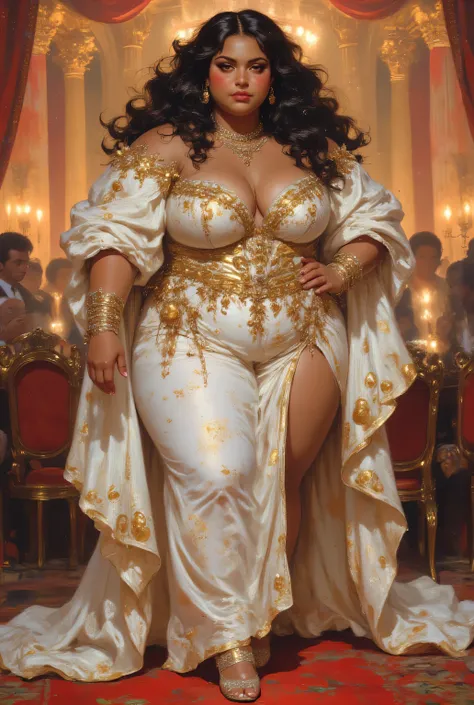 fat big large overweight heavy feminine beautiful young woman with chubby face dark brown tan tanned skin color and black eyes, (((long black curly side-parted hair))), (((black hair))), (((brown skin))), (((brown-skinned))), (((dark brown skin))), (((brow...