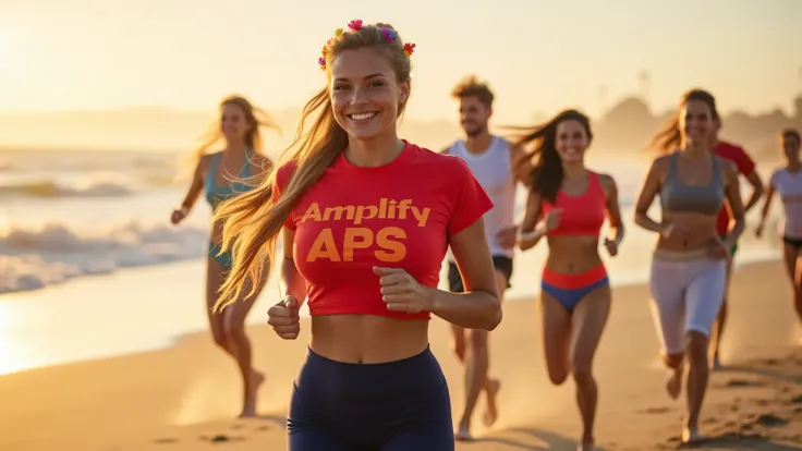 Transparent,giant breasts,pokies,Create a vibrant beach scene at sunset, featuring a group of young, energetic people running along the shoreline. The focus is on a smiling woman in the foreground, wearing a bright red cropped t-shirt with the text "Amplif...