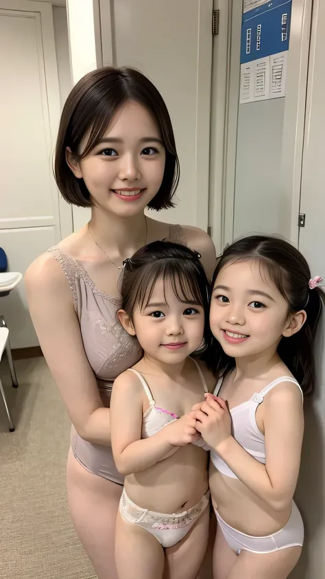 End,8k,high image quality、Ultra High Accuracy、A masterpiece like no other、High Resolution, photo very difficult 、younger sister、bang,,smile,black hair,long hair with inner curls,small breasts、(Two kids are playing a、Little student:1.3)目を引くunderwear、 tw...