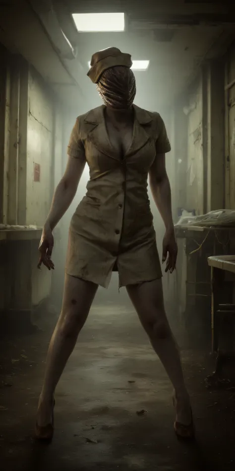 a terrifying Silent Hill nurse with bandaged face, blood-stained uniform, distorted posture, dilapidated hospital corridor, medical equipment, flickering lights, fog, rust, surreal horror, photorealistic