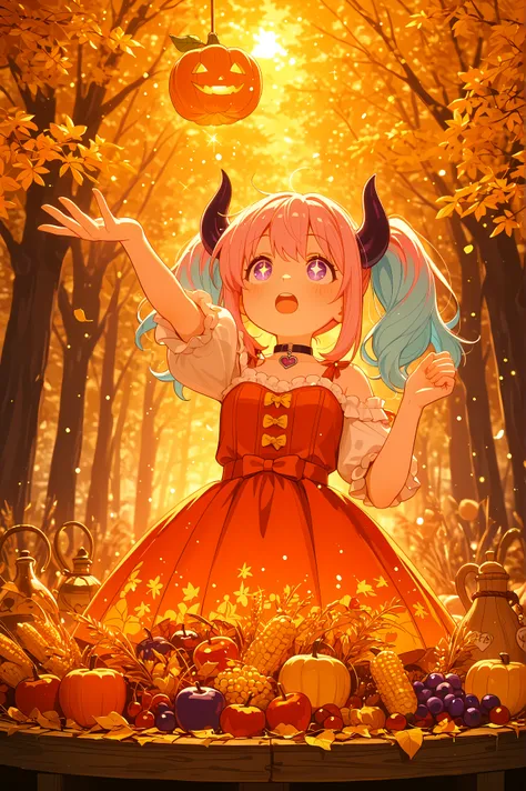 (masterpiece, best quality, ultra-detailed, 8k resolution),
1girl, solo,
((purple eyes)), ((two-tone hair, pink hair, light blue hair)), twin tails, (black horn), (heart charm choker),
cute demon girl celebrating harvest festival,
three-quarter view, looki...