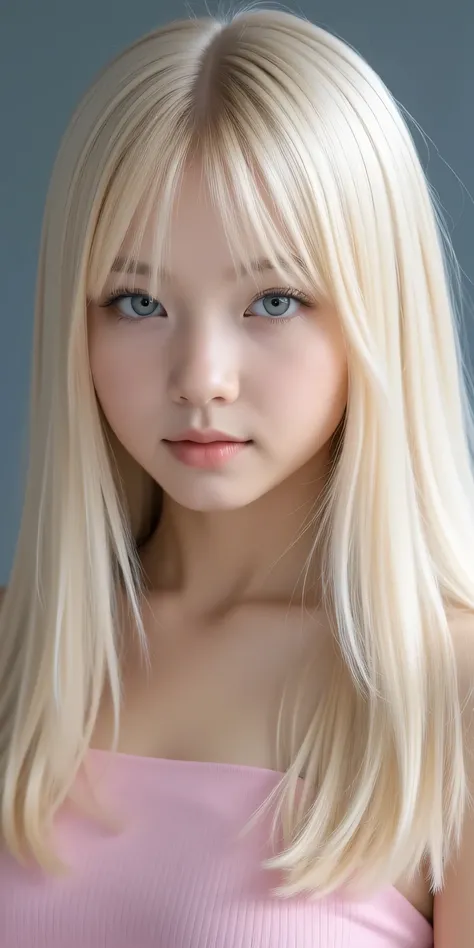 19 year old girl with beautiful cute young face,beautiful beautiful long platinum blonde hair,super long straight silky platinum blonde hair、 Half Body Shot ,Beautiful long bangs,beautiful bangs between eyes,Bangs covering the forehead、striped hair on men'...