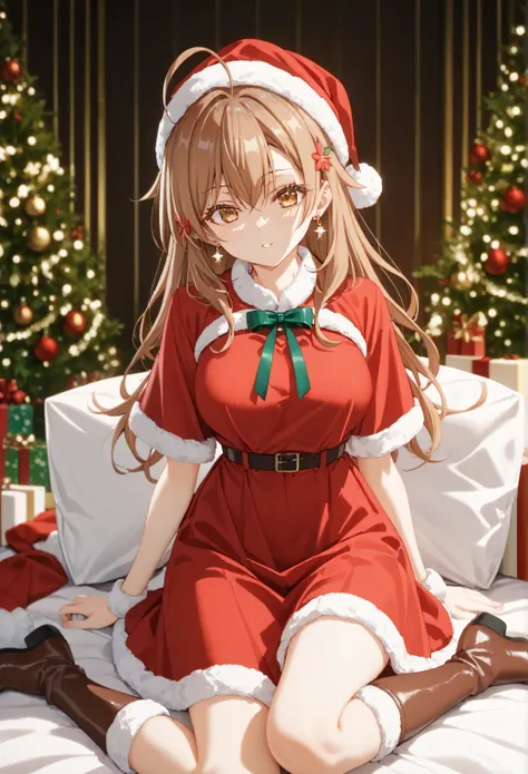 Christmas, 1girl, solo, red santa dress, santa hat,dress, looking at viewer, jewelry, green ribbon, bangs, earrings, boots, maria mikhailovna kujou, long hair, bangs, brown hair, hair ornament, hair between eyes, brown eyes, ahoge, large breasts,