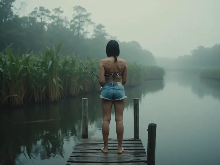 Ultra-realistic cinematic frame from an indie film: a beautiful woman with a naturally full, voluminous chest stands on an old wooden pier, fishing over a quiet swamp-side lagoon. The atmosphere is moody and grounded, with soft diffused lighting, muted col...