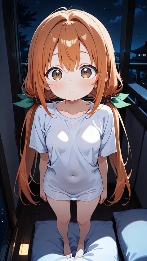 nsfw,masterpiece,and up to the highest quality,High fines,very detailed,karane_inda, 22yo, brown eyes, orange hair, very long hair, low twintails, green ribbon, hair ribbon, small breasts standing alone on the balcony at night、full nude, (she is sitting on...