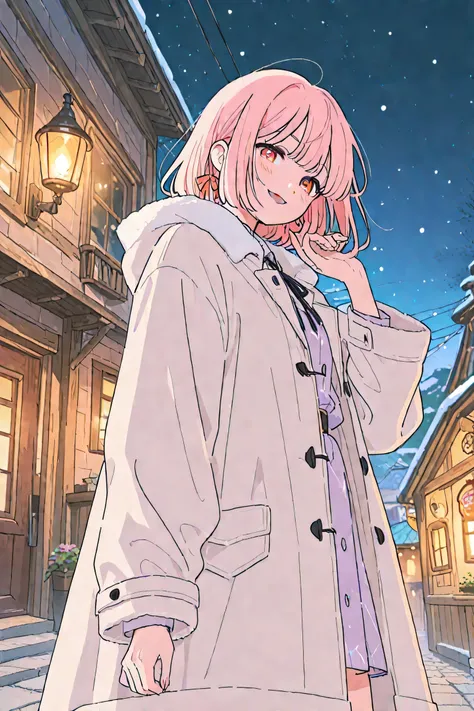 woman in coat、Snowy Town、Illumination、Smile Yan、Snowy Night、hold out my hand here、angle from below、high image quality、High Resolution、4K