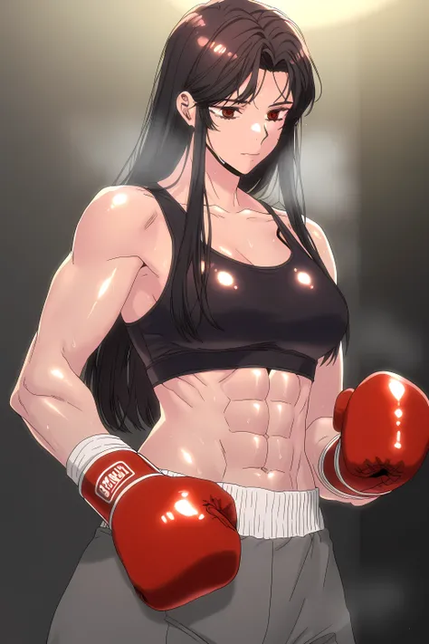 1girl, solo, young mature, ihwa, long hair, red eyes, black hair, ringed eyes, sidelocks, (ringed eyes:0.8), medium breast, toned female, abs, shiny body, sports bra, boxing gloves, sweating