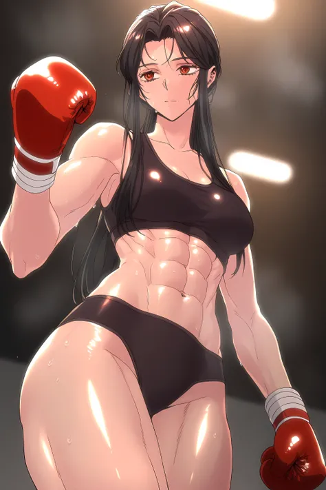 1girl, solo, young mature, ihwa, long hair, red eyes, black hair, ringed eyes, sidelocks, (ringed eyes:0.8), medium breast, toned female, abs, shiny body, sports bra, boxing gloves, sweating