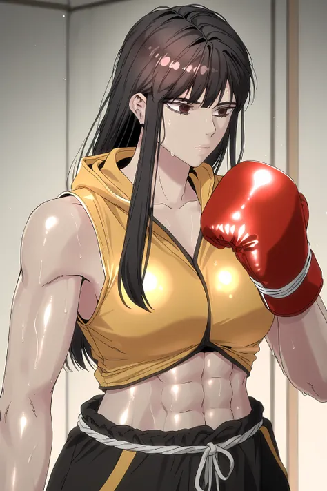 1girl, solo, young mature, ihwa, long hair, red eyes, black hair, ringed eyes, sidelocks, (ringed eyes:0.8), medium breast, toned female, abs, shiny body, sleeveless hoodie, boxing gloves, sweating