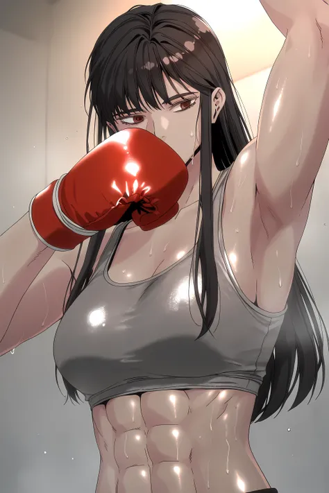 1girl, solo, young mature, ihwa, long hair, red eyes, black hair, ringed eyes, sidelocks, (ringed eyes:0.8), medium breast, toned female, abs, shiny body, sports bra, boxing gloves, sweating, armpit