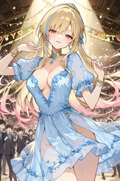 dance parties　many people dancing　lavish decorations　beautiful girl　deep cleavage　縦に開いた胸元　beautiful sexy transparent dress　no bra　no panties　Open Chest