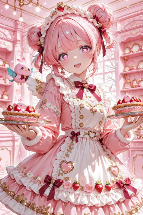 tiny sweet girl, fluffy strawberry-pink twin buns, heart-shaped pupils, strawberry-lolita dress with ribbons, holding warm tart tray, sweet tart shop interior, pink-gold shelves, heart lamps, tiny fairy-bird mascot with tart wings, soft winter light, magic...