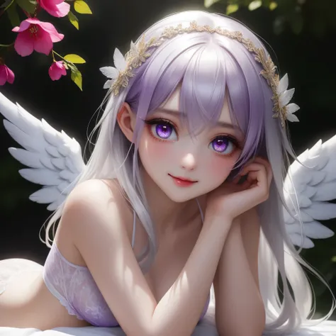 ((Top quality, 8K, best quality, masterpiece, ultra realistic)), ((Beautiful angel with odd eyes)), ((Heterochromia, golden eyes, silver eyes)), ((Sparkling and detailed eyes)), (Very precise eyes), (Long hair with a mixture of platinum and purple), Prince...