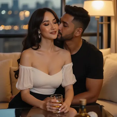“A high-resolution, intimate yet elegant lifestyle photoshoot featuring a beautiful woman sitting on a modern sofa in a softly lit apartment during the evening. She has long wavy black hair, smooth radiant skin, and wears a stylish off-shoulder white top p...