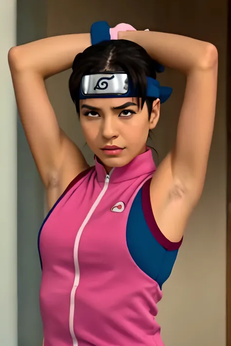 Tenten,human woman with fair skin and slight tan.with brown eyes and pink clothing. Her hair is long and brown in color; She is beautiful. Fair skin.Tsundere face. Pink eye shading,mature appearance,armpits,sweat,sweaty,sweaty armpits,arms up,showing armpi...