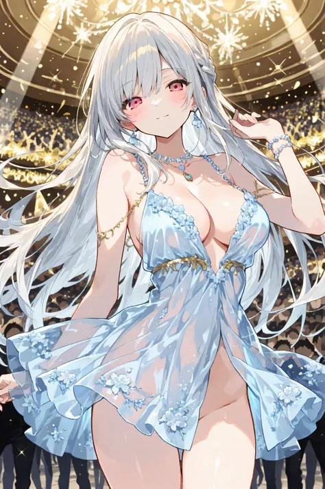 dance parties　many people dancing　lavish decorations　beautiful girl　deep cleavage　縦に開いた胸元　beautiful sexy (transparent dress:1.5)　no bra　no panties　Open Chest　激しいオーガズム