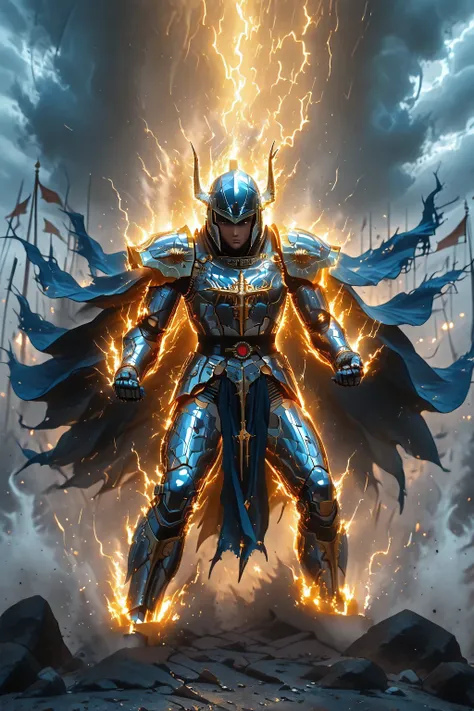 epic battle between female knights on a battlefield: Primeira Cavaleira: full plate silver armor with gold and blood red accents, helmet ornamented with flowing red plumes, long crimson cape torn by battle, flaming longsword raised in a charging stance, mo...