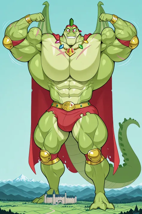 A Green Giant Max the crocodile as a weredragon, furry, (anthro), male, red eyes, looking at viewer, 2 biggest dragon wings ginomous biceps, enormous pectorals, detailed abs, muscular body, flexing his powerful muscles pose, bouncing pecs, muscular abs, (...