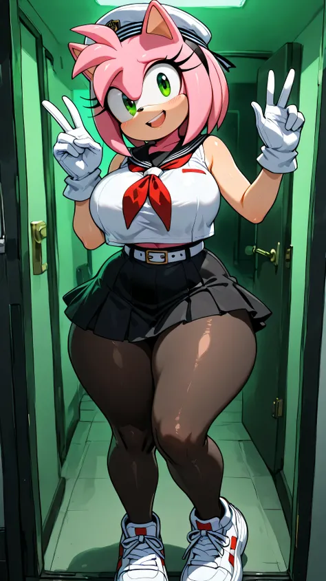 Amy rose (Sonic x),dark green eyes,posing to the camera , greeting the spectator , ,flirty look,at night ,in a room ,  white belt ,white gloves,thick thighs, trasero grande,,,light blue eyelids ,black tights with braces, , big thighs,big breasts ,one arm b...