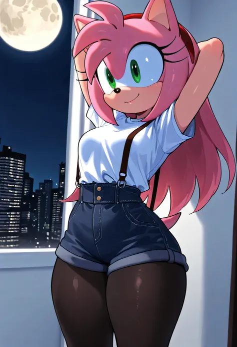 Amy rose ,,,pelaje white,small hips,ojos café guantes whites,,sostén whites,guantes whites,black stockings with straps,shorts whites,,shirt with straps,white ,  arms back ,, big thighs,in a room with a view of the city,with full moon, happy look ,Long Hair...