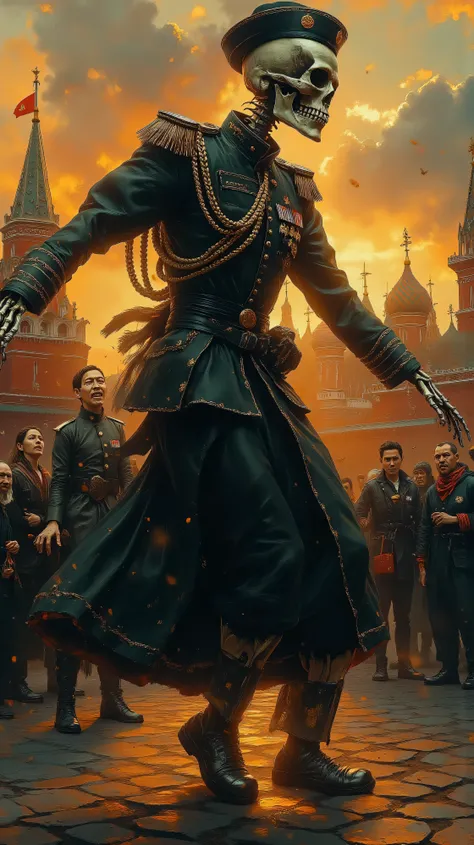Hyper-realistic photograph, 8K resolution, ultra-detailed, cinematic lighting, shot on a professional DSLR. A skeleton wearing an authentic Soviet military uniform from 1978, dancing a traditional Russian folk dance (like trepak or kazachok) in the middle ...