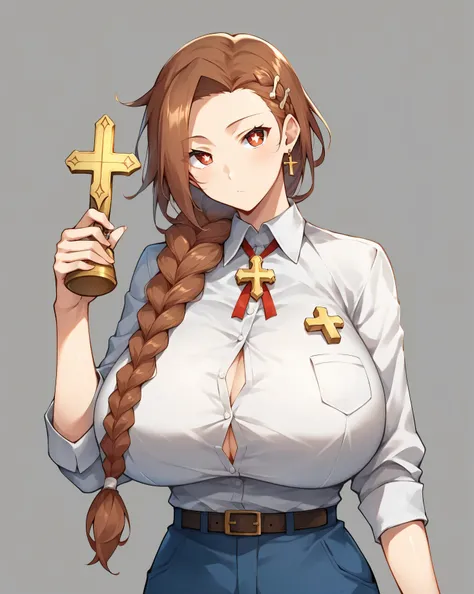 Yagogoro Erin,1Girls, alone,  alternative _Costume, contemporary, single_braid, cross
<Laura:Yagogoro_Erin_Picture2417_2023-12-20-000010:1>,Star Shape _Eyes,Pictograms_Eyes,. meme,main illustration, vibrant, Anime Studio,won, professional, audience is high...