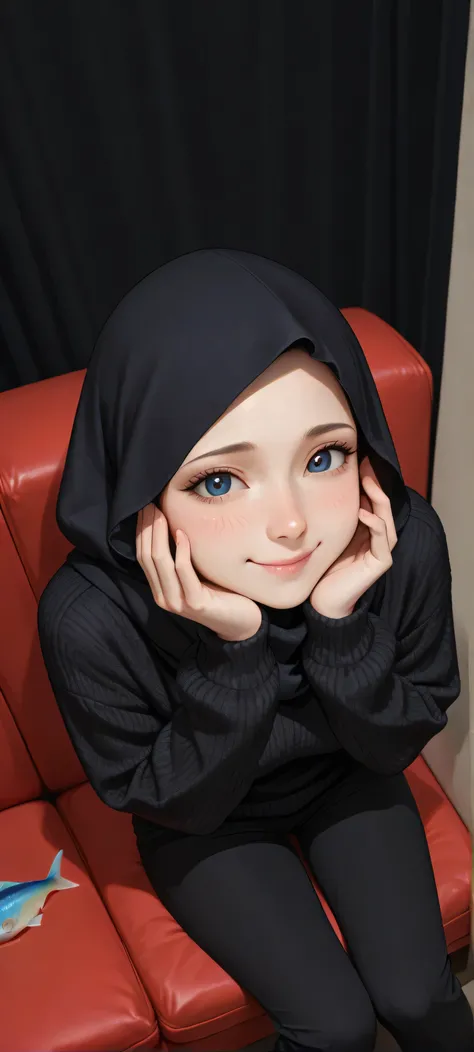 woman, wearing a black hijab (neat and no hair visible), her face is red and shy, hands holding cheeks while smiling, her eyes are black, she is wearing a long black knitted sweater, she is wearing long black pants, she is sitting on a red sofa, the backg...