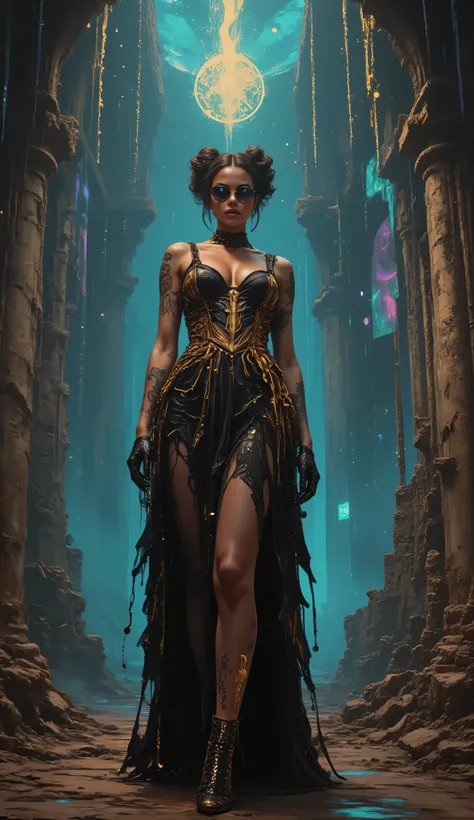 In the style of Neon glitch mosaic surrealism, we see a photo-realistic bizarre portrait of a beautiful, and Charismatic caucasian half black lady of mixed heritage bearing a large gap toothed infectious smile between dimpled cheeks, graceful yet an outca...