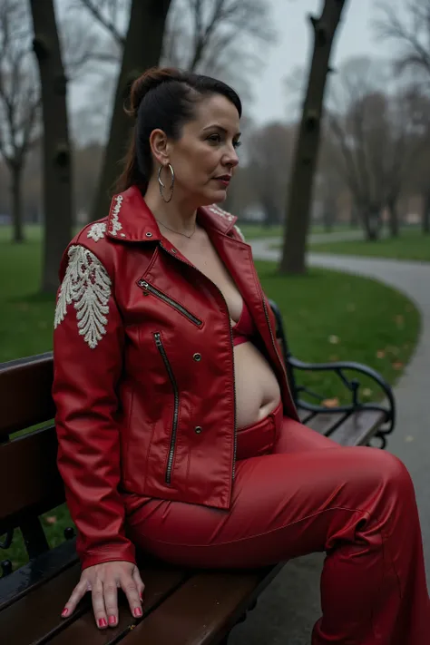 (masterpiece, best quality:1.2), 58 year old male ,large belly, heavy arms, medium obesity, double chin, large thighs, wearing a red fiery AmyLthrsLcJkt with white lace details on the sleeves and chest of the jacket, the leather is heavy and shiny with gre...