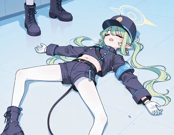 nozomi (blue archive) , halo, green hair , long twin tails , earrings, pointed ears, halo, Tail, jacket, belly , shorts , white pantyhose , Wristband ,white gloves , peak cap , long legs , boots , be unconscious , laying on floor , open arms , open legs