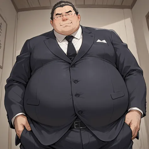 fat boy,Japanese,ugly,big hip,solo,suit,rimless glasses,slicked back hair 