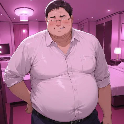 (fat:1.1) boy,Japanese,ugly,solo,dress shirt,rimless glasses,chubby face,love hotel room,in-heat