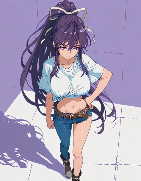 masterpiece masterpiece, ultra-HD, impressionism, high detail, best quality, very aesthetic, 8k, best quality, beautiful, anime coloring , score_9, score_8_up, score_7_up, score_6_up, score_5_up, score_4_up , Kaori Kanzaki , purple eyes , long hair , ribbo...