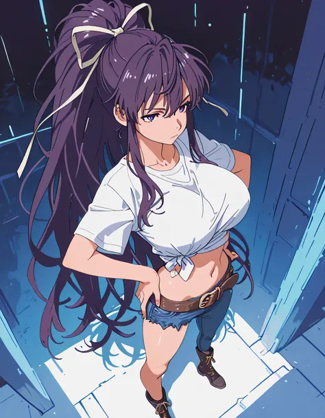 masterpiece masterpiece, ultra-HD, impressionism, high detail, best quality, very aesthetic, 8k, best quality, beautiful, anime coloring , score_9, score_8_up, score_7_up, score_6_up, score_5_up, score_4_up , Kaori Kanzaki , purple eyes , long hair , ribbo...