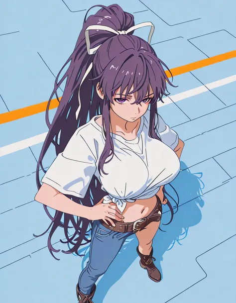masterpiece masterpiece, ultra-HD, impressionism, high detail, best quality, very aesthetic, 8k, best quality, beautiful, anime coloring , score_9, score_8_up, score_7_up, score_6_up, score_5_up, score_4_up , Kaori Kanzaki , purple eyes , long hair , ribbo...