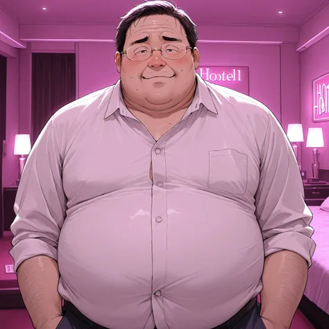 (fat:1.1) boy,Japanese,ugly,solo,dress shirt,rimless glasses,round face,love hotel room,in-heat