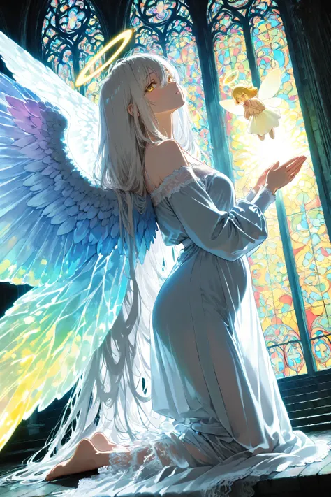 RAW photos,  ultra detailed , exquisite representation, Grey-haired angel girl alone, golden eyes, Very long white hair like a waterfall, White dress with vintage lace trim, bare shoulder design, Independent long sleeves, Huge colorful wings extended, Knee...