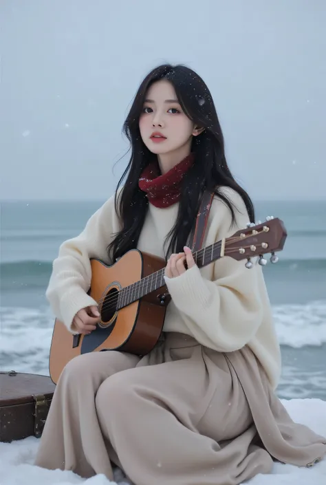 Realism style, cinematic atmosphere.
Half-body shot with low-angle perspective, capturing the singer-songwriter girl against the snowy seaside horizon.
Face: youthful, elegant, pure K-pop female, chic yet serene expression.
Hairstyle: long black hair...
