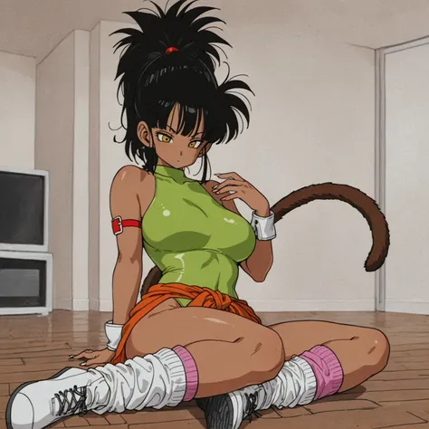 drgbls1, dragon ball artstyle, masterpiece, best quality, amazing quality, (score_9, score_8_up, score_7_up), 8K, 1girl, tomboyish, adult, dark skin, black hair, spiky hair, spiked hair, spiked bangs, long ponytail, fluffy pony tail, waist-long ponytail, m...