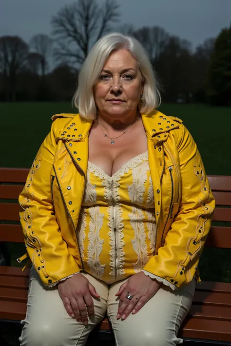(masterpiece, best quality:1.2), 58 year old male ,large belly, heavy arms, medium obesity, double chin, large thighs, wearing a AmyLthrsLcJkt that has flames printed into yellow leather with white lace details on the sleeves and chest of the jacket, the l...