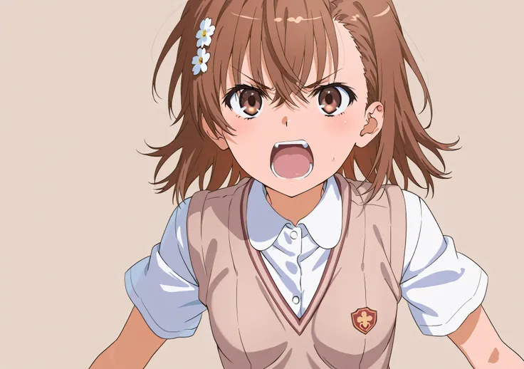(((misaka miloto)))、hair flower、small breasts、1 girl、from front、white shirt、short sleeves、sweater vest、tokiwadai school uniform、open mouth、angry、glare、indoor、brown wall、simple background、face focus、arms at sides